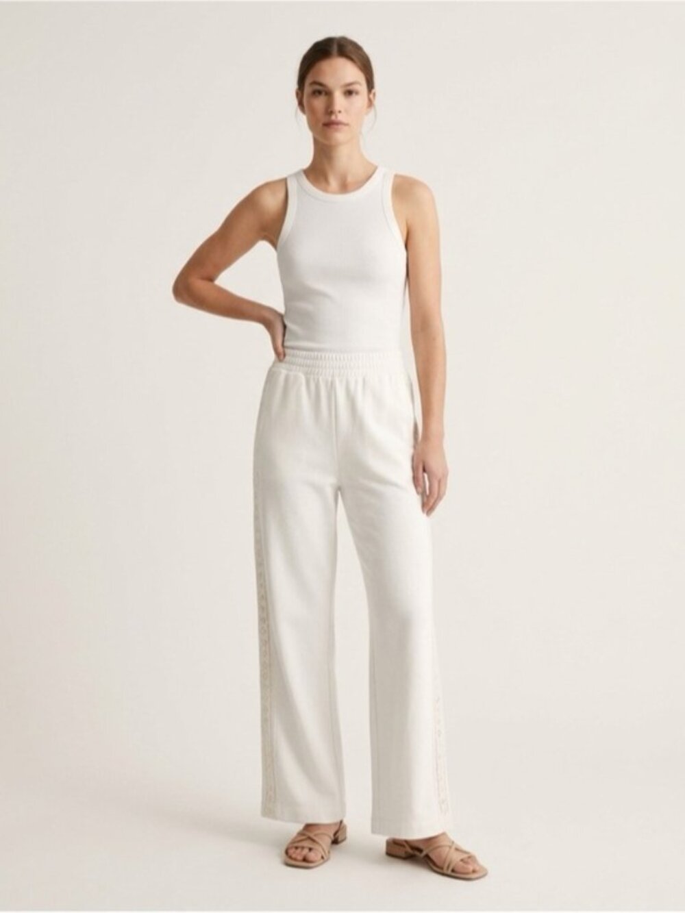 ZARA White Wide-Leg Pants with Lace Side Panel – Women’s XS
